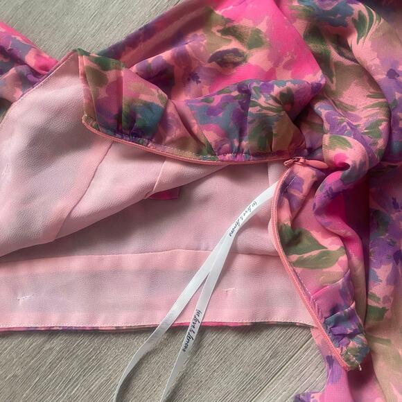 For Love & Lemons Trisha Crop Top Pink Multicolor Sweetheart Puff Sleeves Medium - Picture 7 of 9